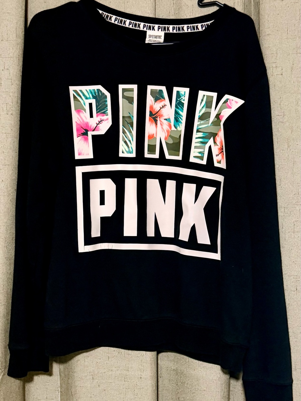 PINK Victoria's Secret Black Crewneck Sweatshirt with Floral-Pattern Logo